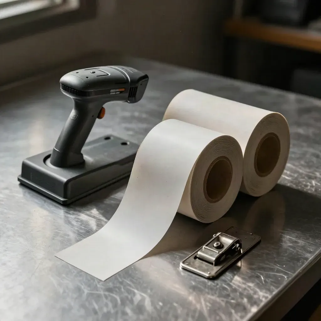 Logistieke tools op geborsteld staal: scanner in dock, labelrollen en kistlatch in dramatisch licht.