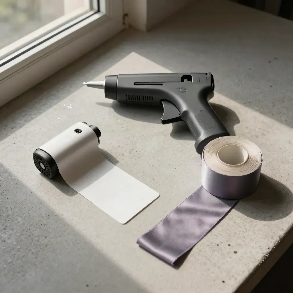 Retailtools op beton: scanner, labelpistool, tags en textiellint in zacht daglicht.