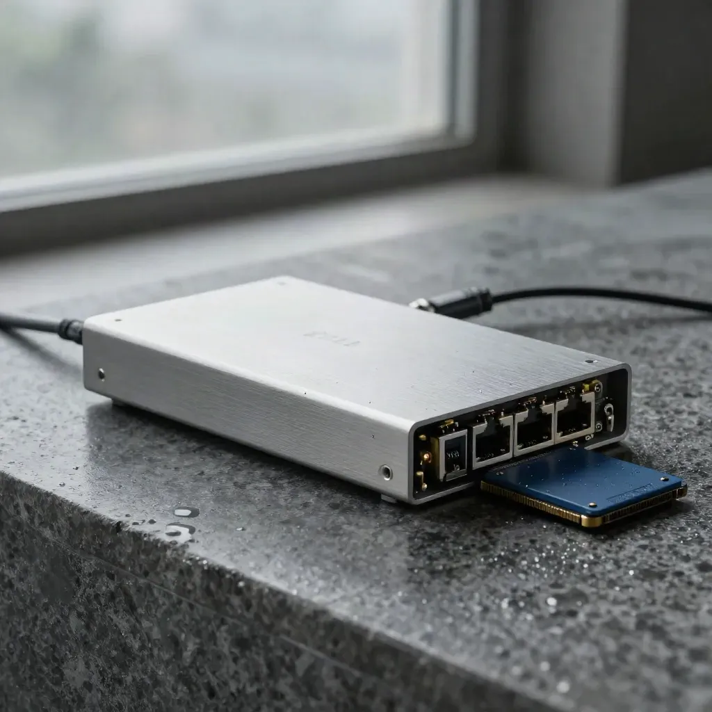 Brushed-aluminium AI-apparaat met netwerkmodules, fiberkabels en SSD op natte steen.