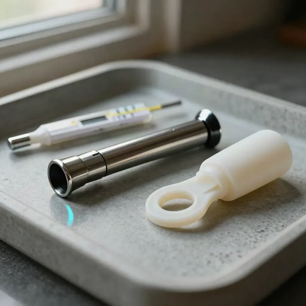 Macro van medische zorgtools op een stenen tray met koele damp en cyan glans.