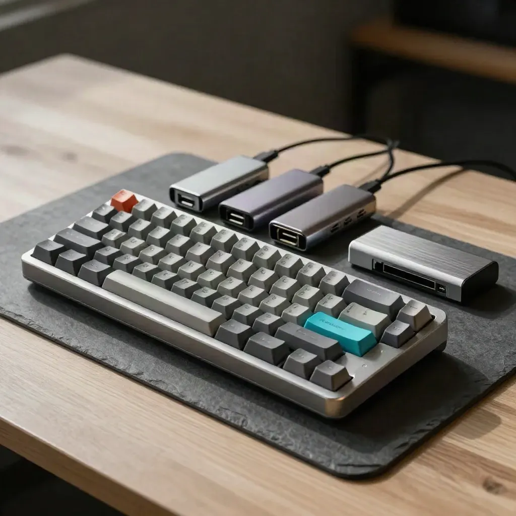 Mechanische toetsenbord, USB-C hubs, dongle en kaartlezer op een rustige metalen ondergrond.