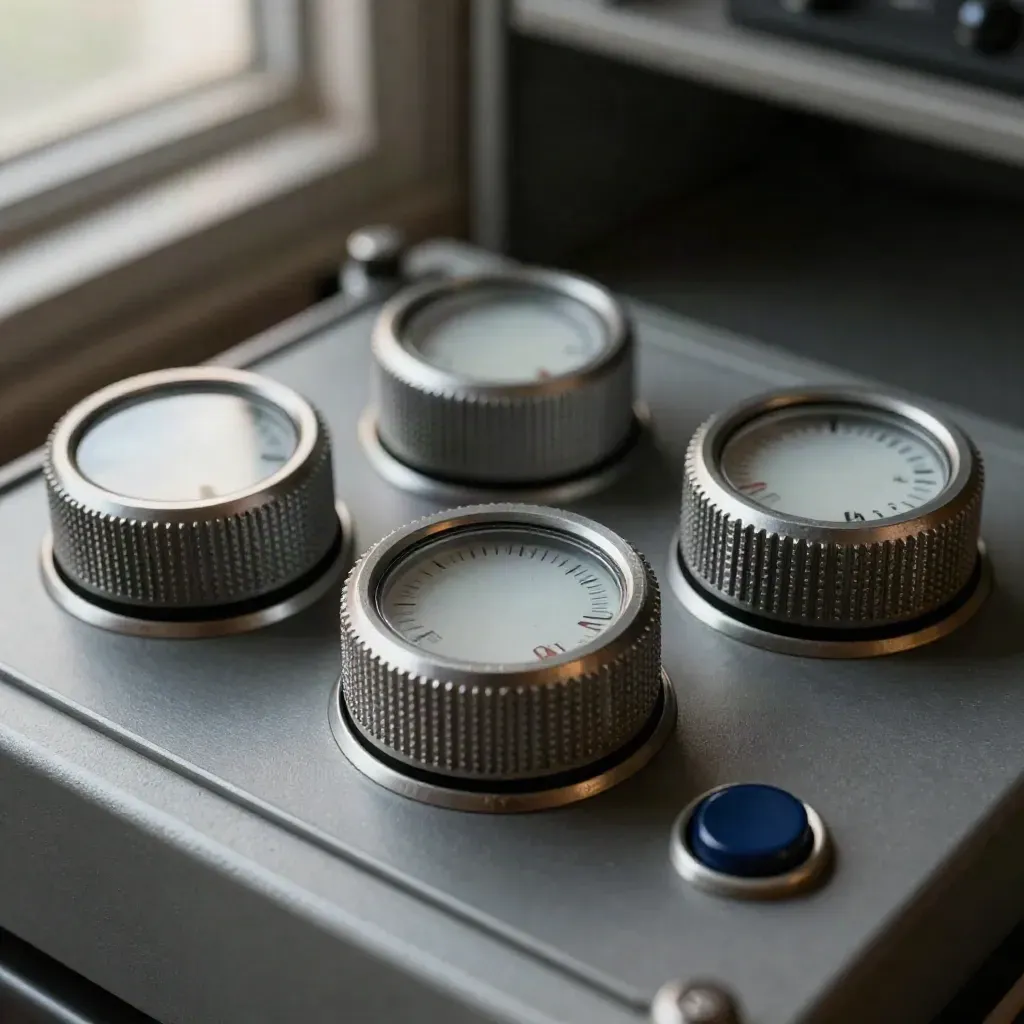 Drie analoge dials en twee knoppen op een grafiet tray met staalglans en blauw accent.