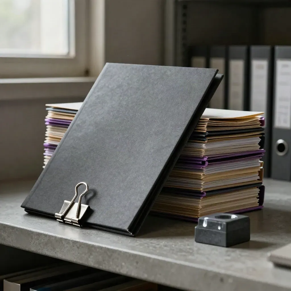 Matte archiefmappen, indexclips en tabbladen op beton met violet accent