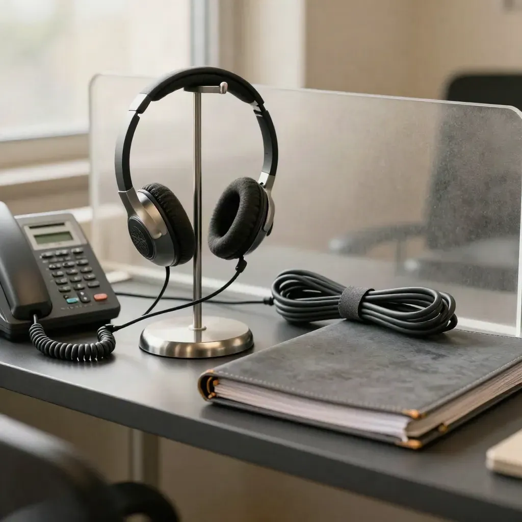 Close-up van supporttools: headsetstandaard, deskphonebasis, kabelbundel en gesloten incidentmap.