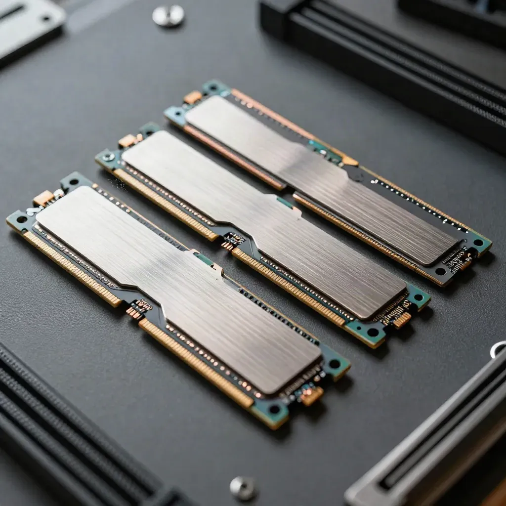 Bovenaanzicht van RAM-modules, NVMe-drive en kabelkammen op een antistatische mat.