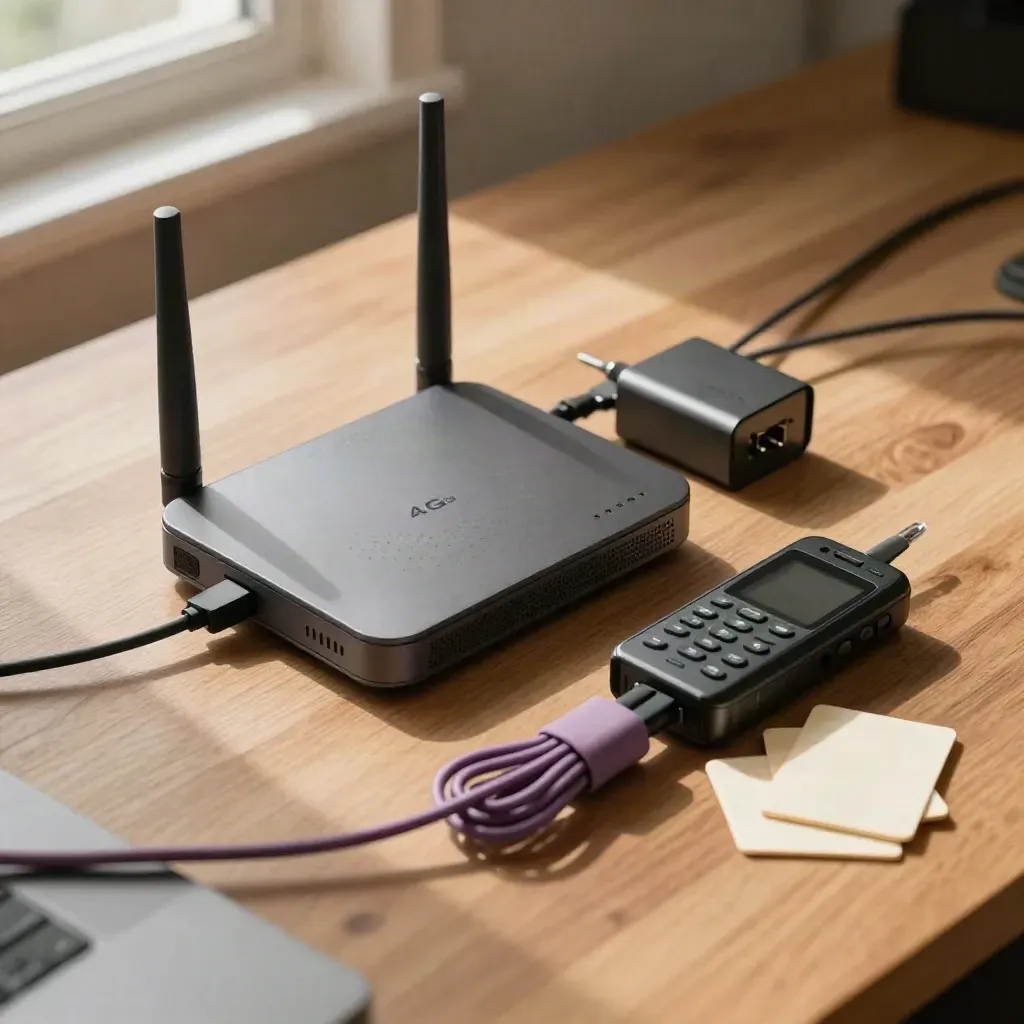Netwerktools op warm hout: router, power brick, recorder, kabels en blanco prototypekaarten.