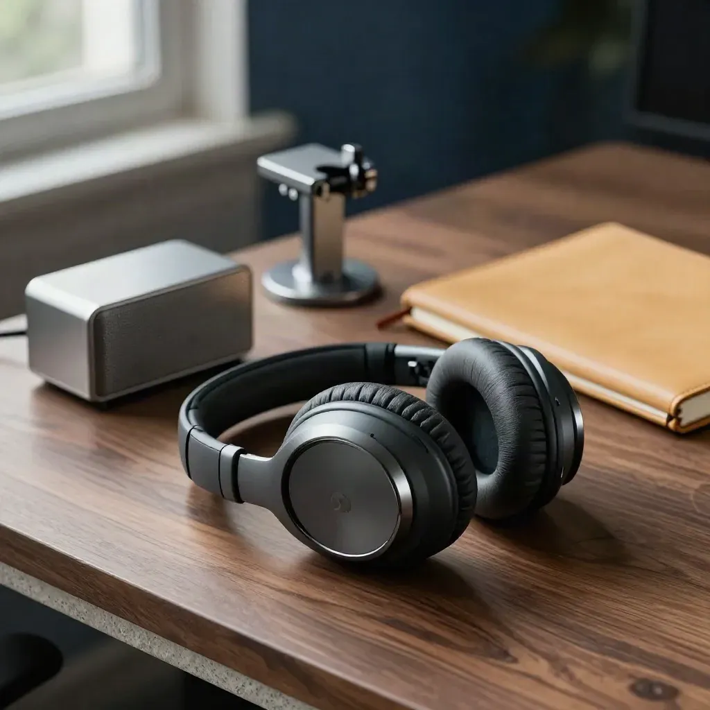 Headset, speakerphone, bureauklem en gesloten notitiehoes op een warme studio-opstelling.