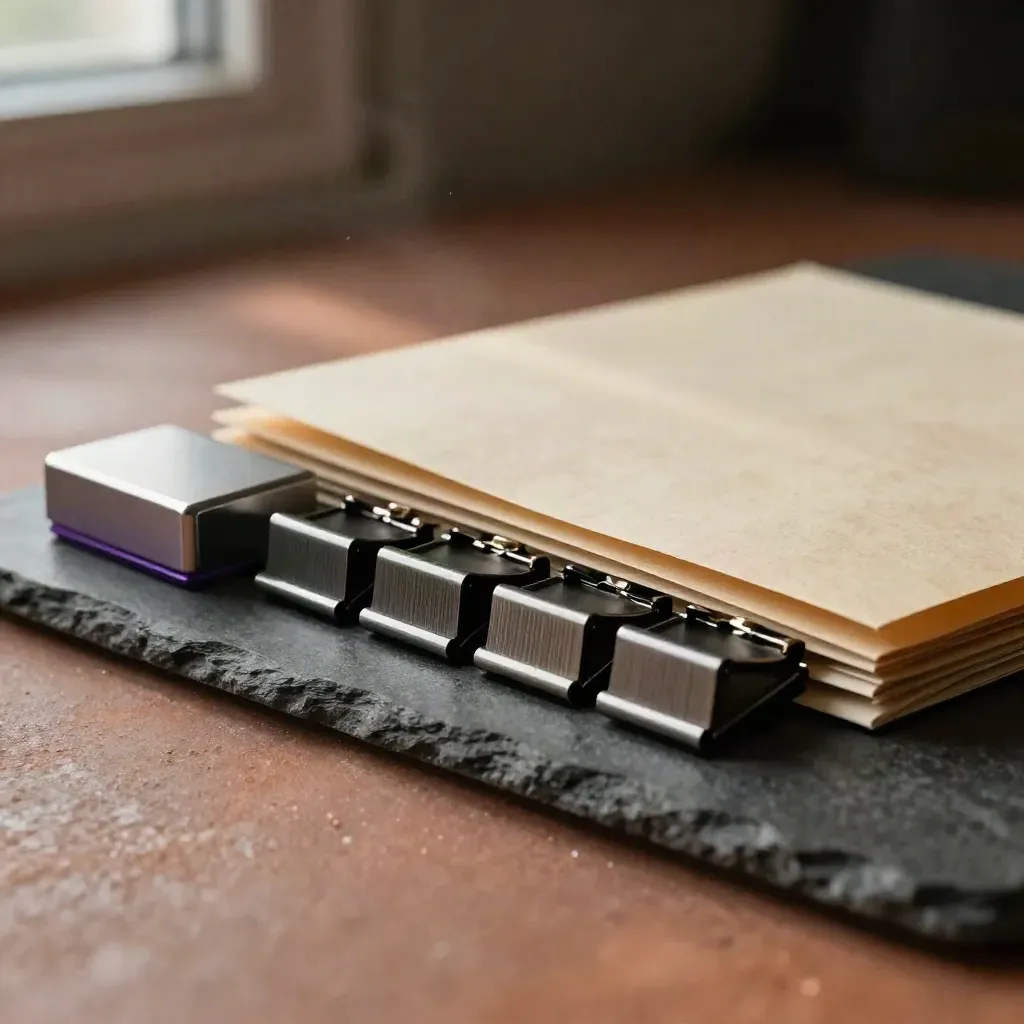Macro van SSD-cartridges, clips, paperweight en archiefhuls op terracottakleurige ondergrond.