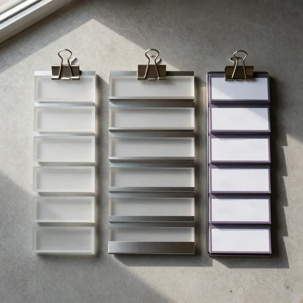 Geordende frosted blokken, magnetische strips en metalen klemmen op grijs beton met violet accent.