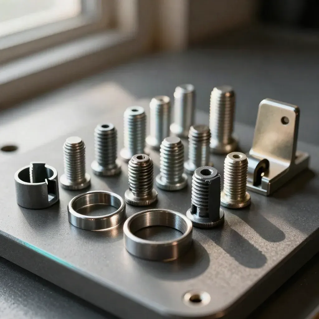 Macro van metalen module-onderdelen op grafiet, met clips, ringen en beugel in koel licht.