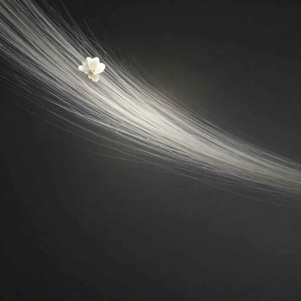 Fijne zilveren lichtdraden vormen een zachte gloed in donkere grafietruimte.